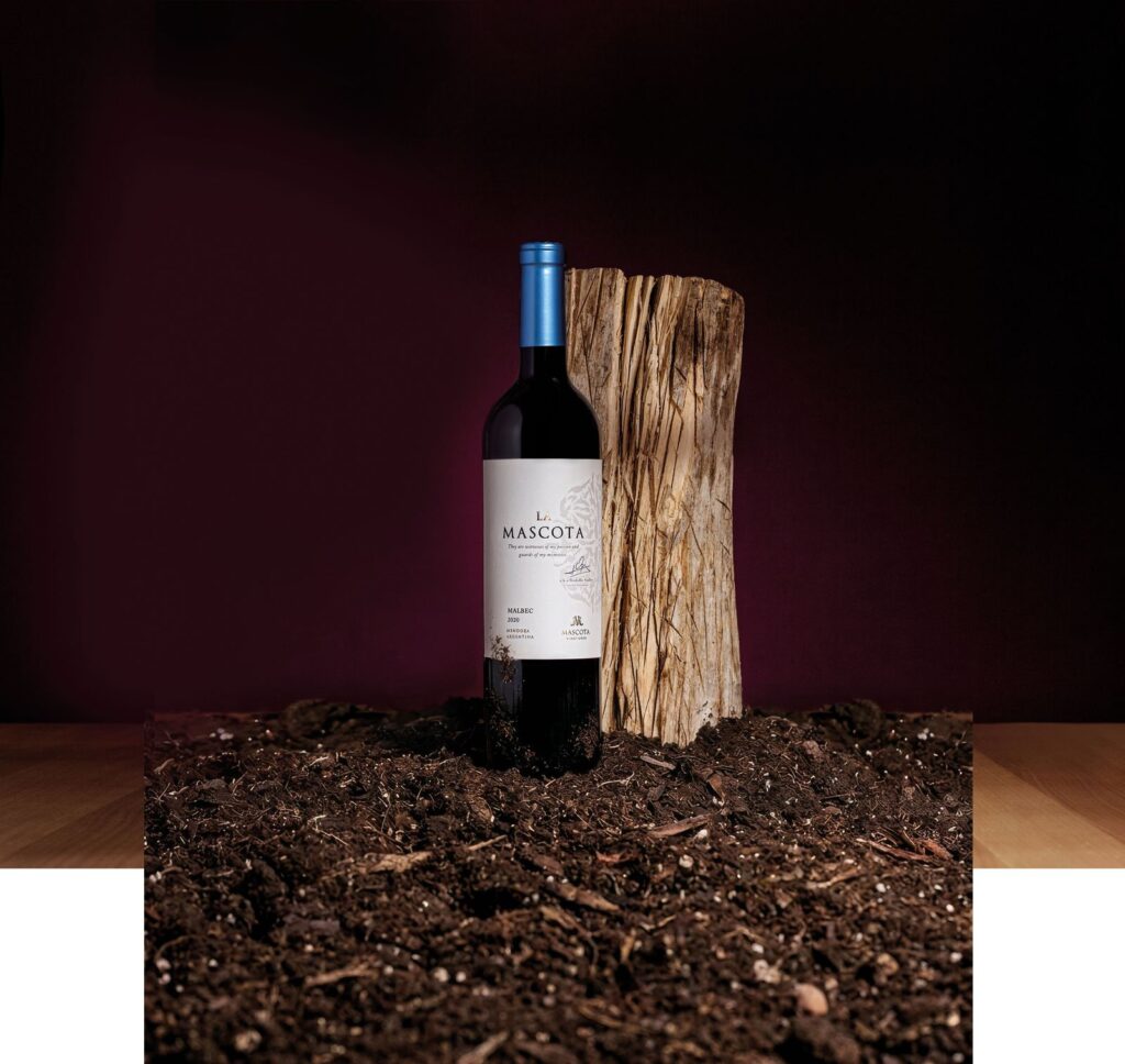 Bottiglia di Malbec La Mascota accanto a un ceppo di legno su terra scura