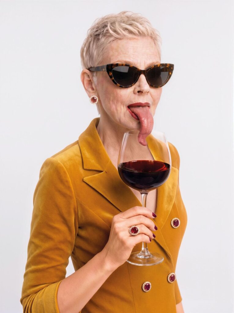 Donna con occhiali da sole che immerge una lingua lunghissima in un calice di vino rosso